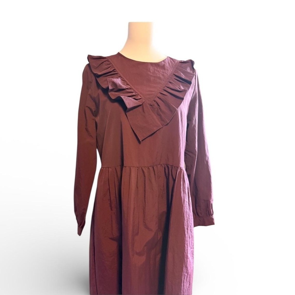 SARAH COLLECTION Burgundy Ruffle Neck Long Sleeve Midi Dress‎ Women Siza Large